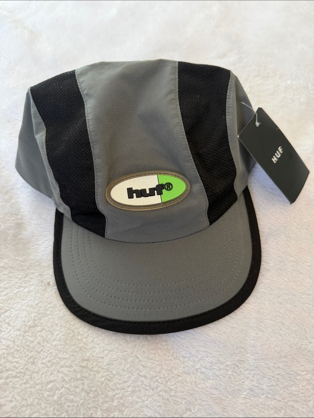 HUF Gray and Black 5-Panel Cap with Green Logo Accent